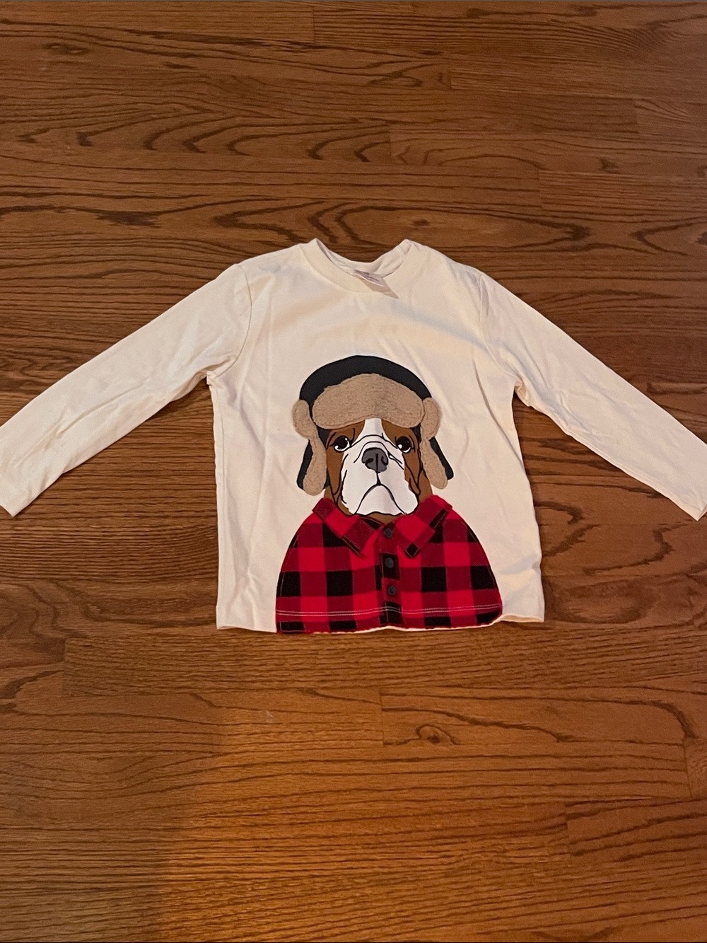 Hanna Andersson White Long-Sleeve Tee with Dog in Red Plaid